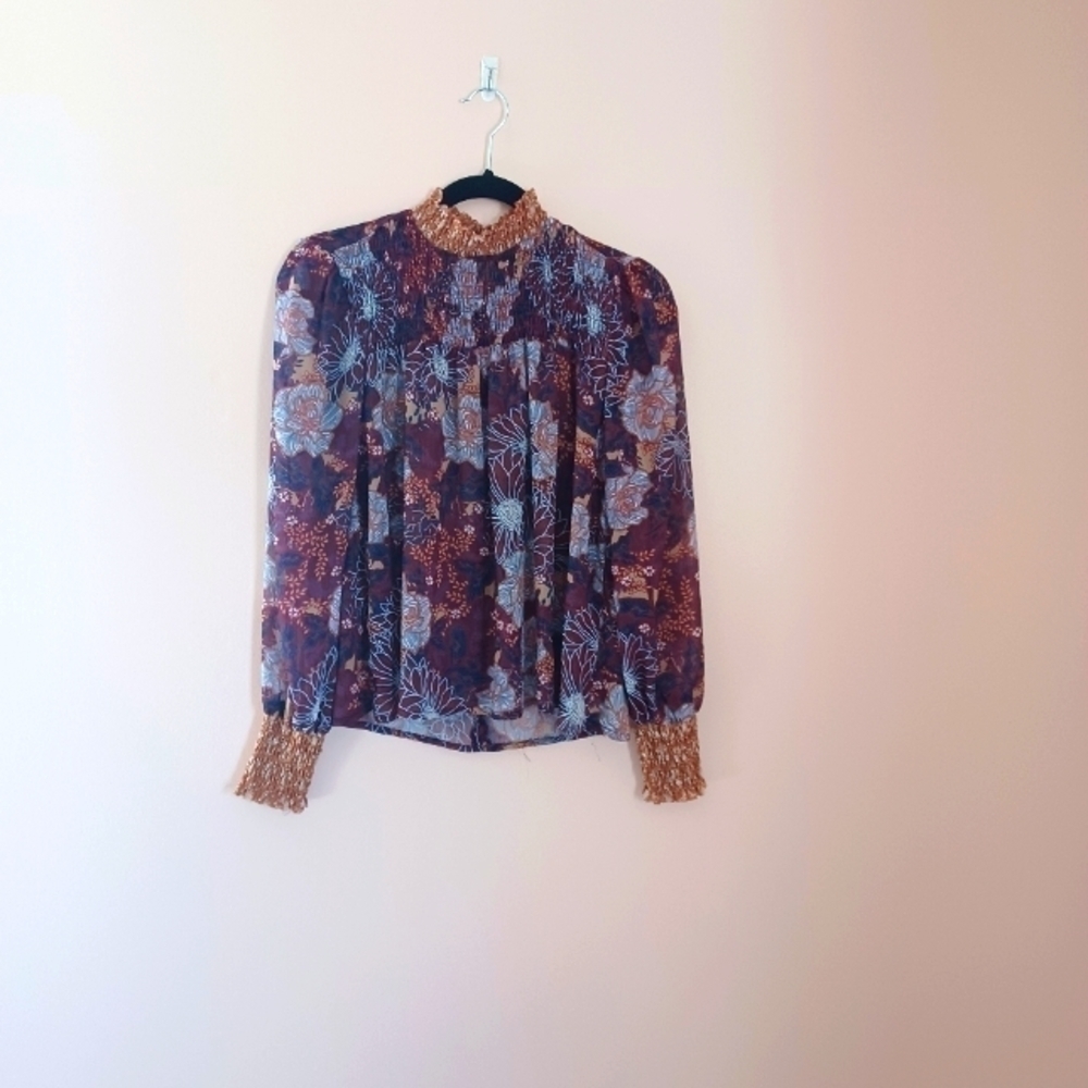 Living Doll Turtleneck Print Blouse Ruffles Semi Sheer Blue Print High Neck Sz M